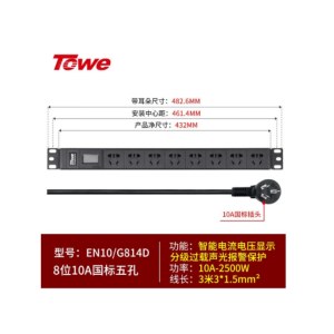 TOWE/同为智能数据显示PDU-功率:10A-2500W/ EN10/G814D-8位10A国标五孔-功率:10A-2500W